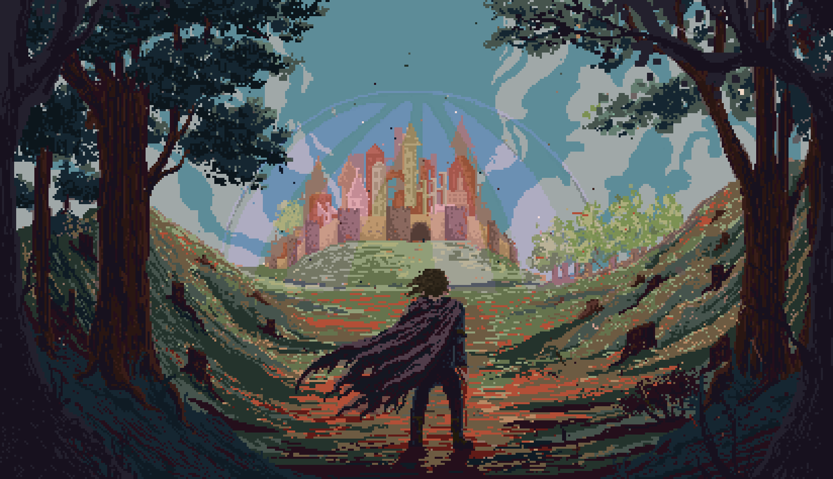 A lone adventurer gazes upon a mystical city